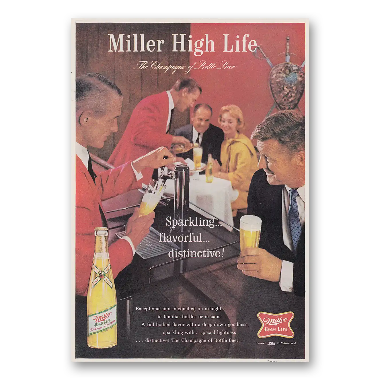 1965 Miller Beer Sparkling Flavorful Distinctive Vintage Magazine Print Ad