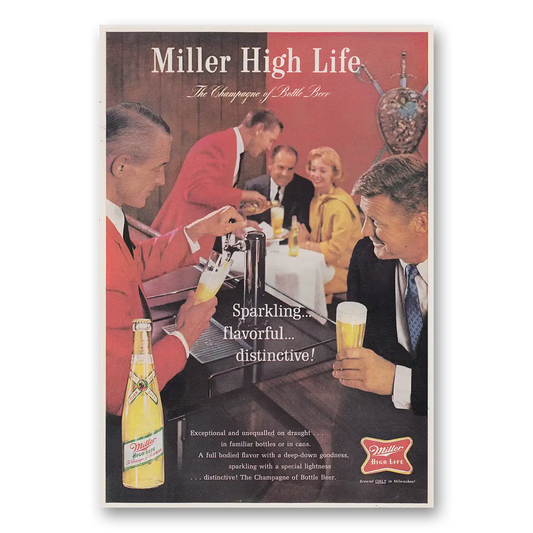 1965 Miller Beer Sparkling Flavorful Distinctive Vintage Magazine Print Ad