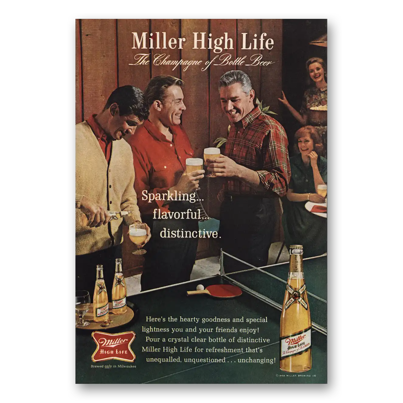 1965 Miller Beer Sparkling Flavorful Ping Pong Vintage Magazine Print Ad