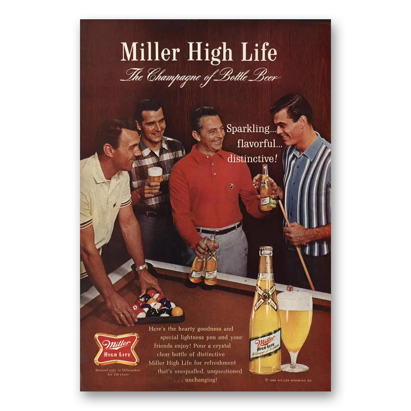 1965 Miller Beer Sparkling Billiards Vintage Magazine Print Ad