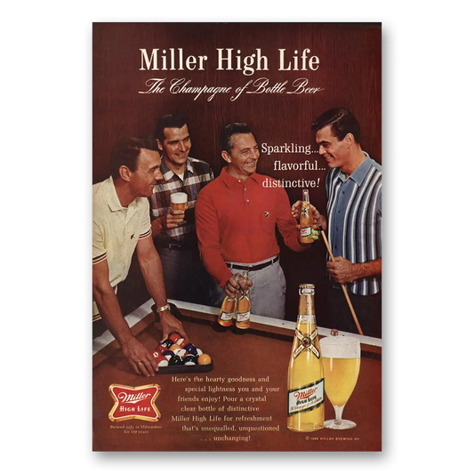 1965 Miller Beer Sparkling Billiards Vintage Magazine Print Ad