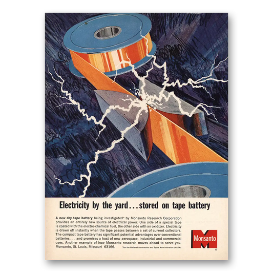 1965 Monsanto Electricity By the Yard Battery Tape Vintage Magazine Print Ad