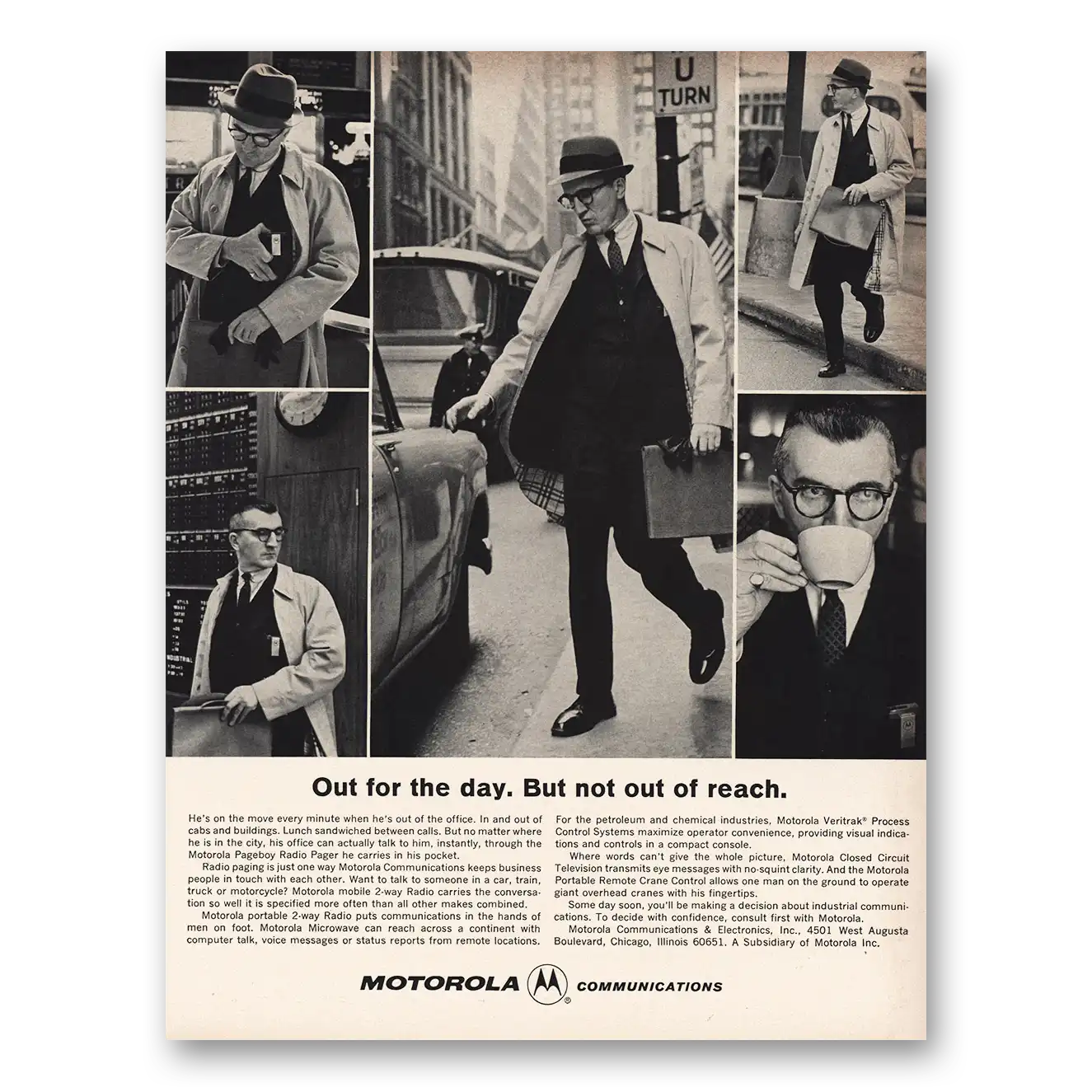 1965 Motorola Communications Out for the Day But Not Out of Reach Vintage Magazine Print Ad