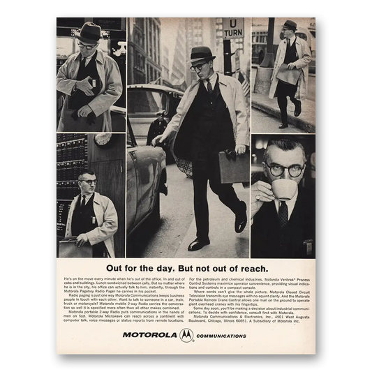 1965 Motorola Communications Out for the Day But Not Out of Reach Vintage Magazine Print Ad