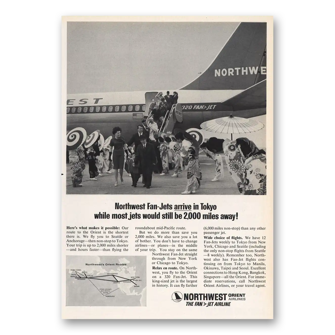 1965 Northwest Orient Airlines Fan Jets Arrive In Tokyo Vintage Magazine Print Ad