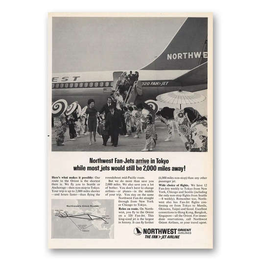 1965 Northwest Orient Airlines Fan Jets Arrive In Tokyo Vintage Magazine Print Ad