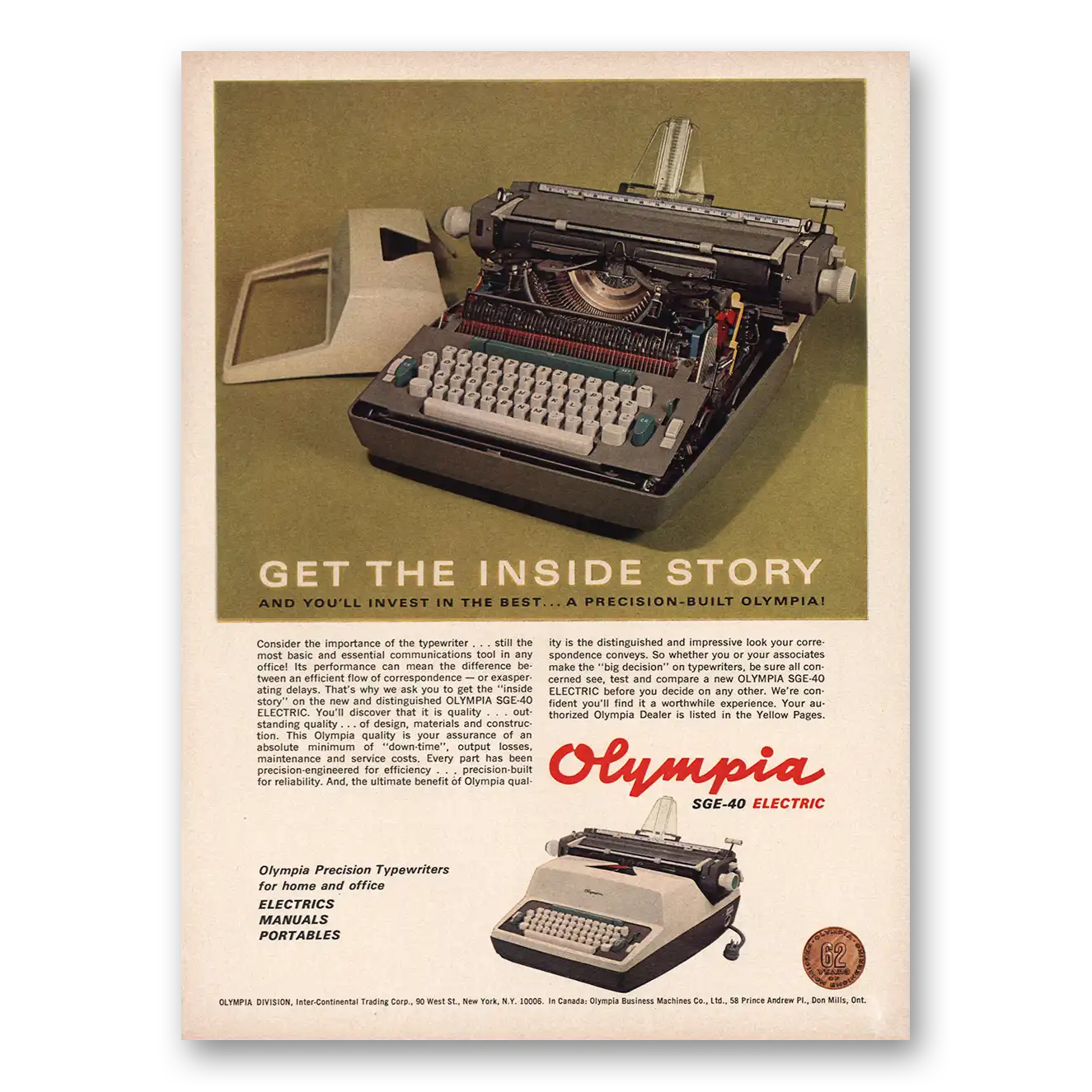 1965 Olympia Typewriter Get the Inside Story Vintage Magazine Print Ad