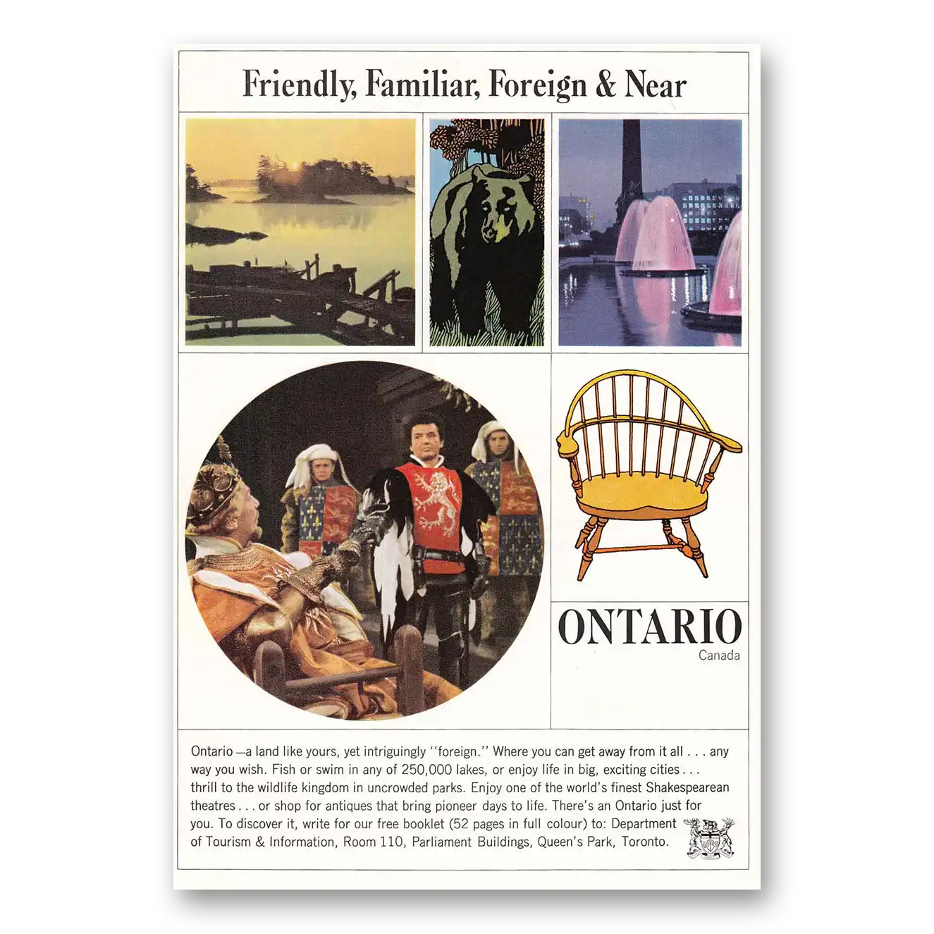 1965 Ontario Canada Friendly Familiar Foreign and Near Vintage Magazine Print Ad