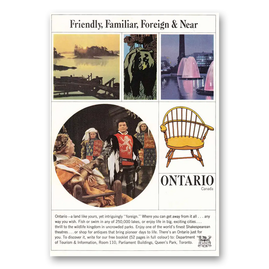 1965 Ontario Canada Friendly Familiar Foreign and Near Vintage Magazine Print Ad