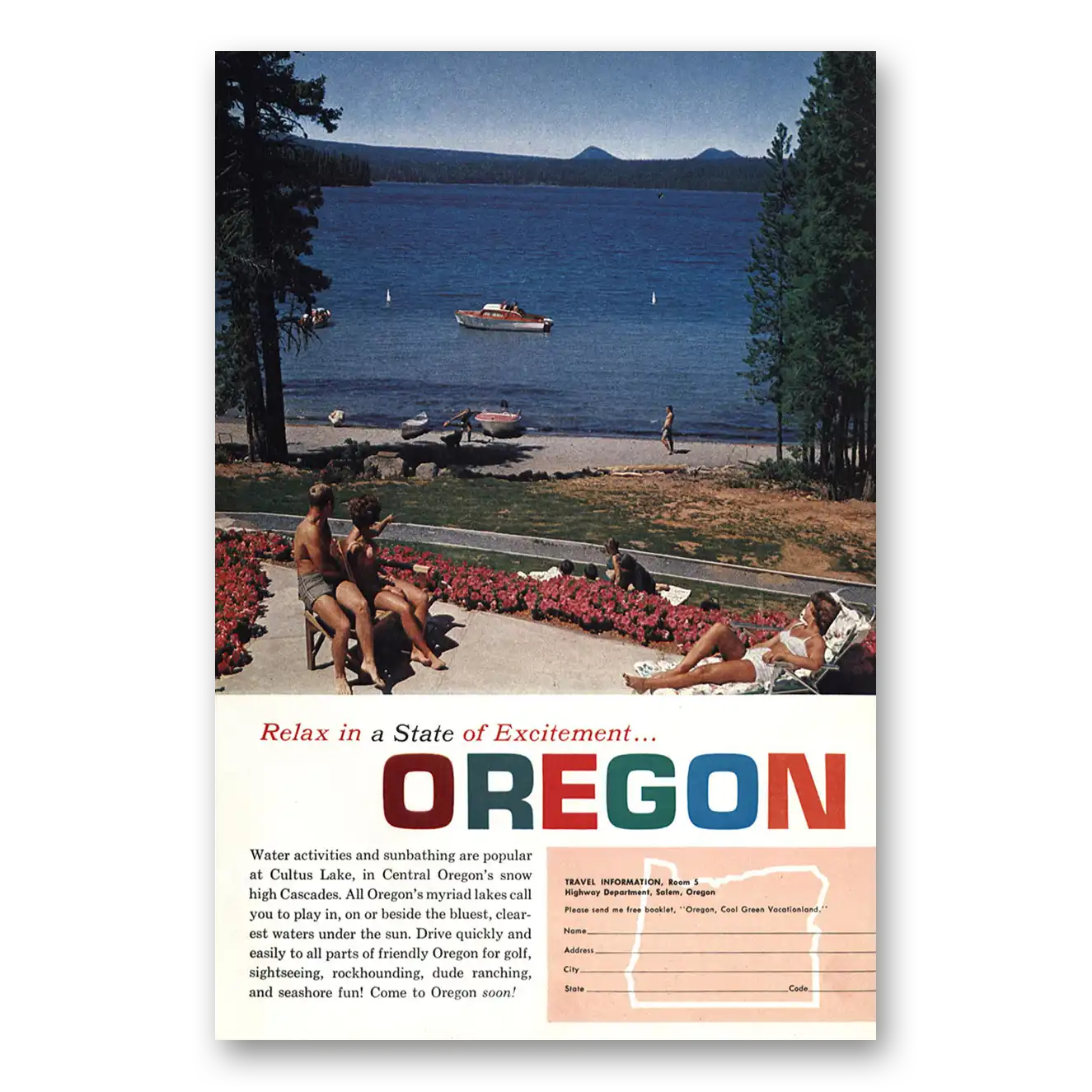 1965 Oregon Cultus Lake Relax In a State of Excitement Vintage Magazine Print Ad