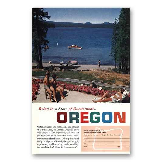 1965 Oregon Cultus Lake Relax In a State of Excitement Vintage Magazine Print Ad