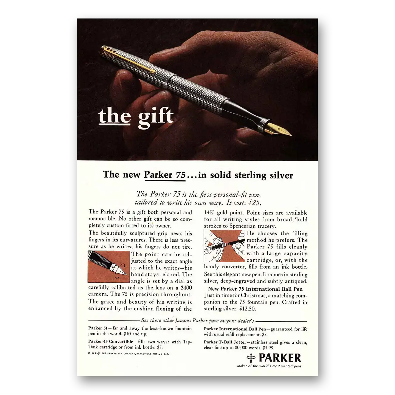 1965 Parker 75 Pen Gift Solid Sterling Silver Vintage Magazine Print Ad