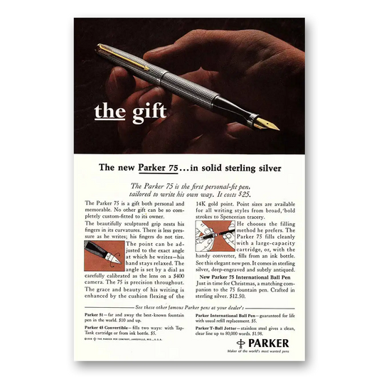 1965 Parker 75 Pen Gift Solid Sterling Silver Vintage Magazine Print Ad