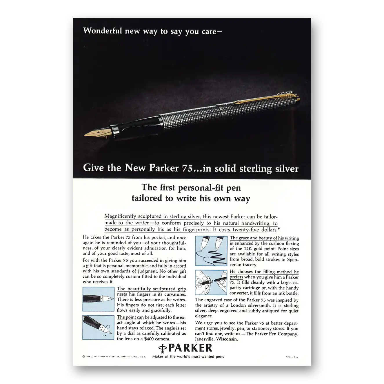 1965 Parker 75 Pen Wonderful New Way to Say You Care Vintage Magazine Print Ad