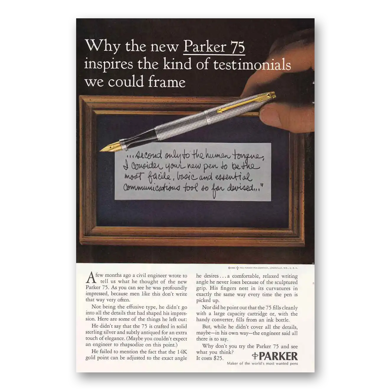 1965 Parker 75 Pen Kind of Testimonials Vintage Magazine Print Ad