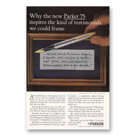 1965 Parker 75 Pen Kind of Testimonials Vintage Magazine Print Ad