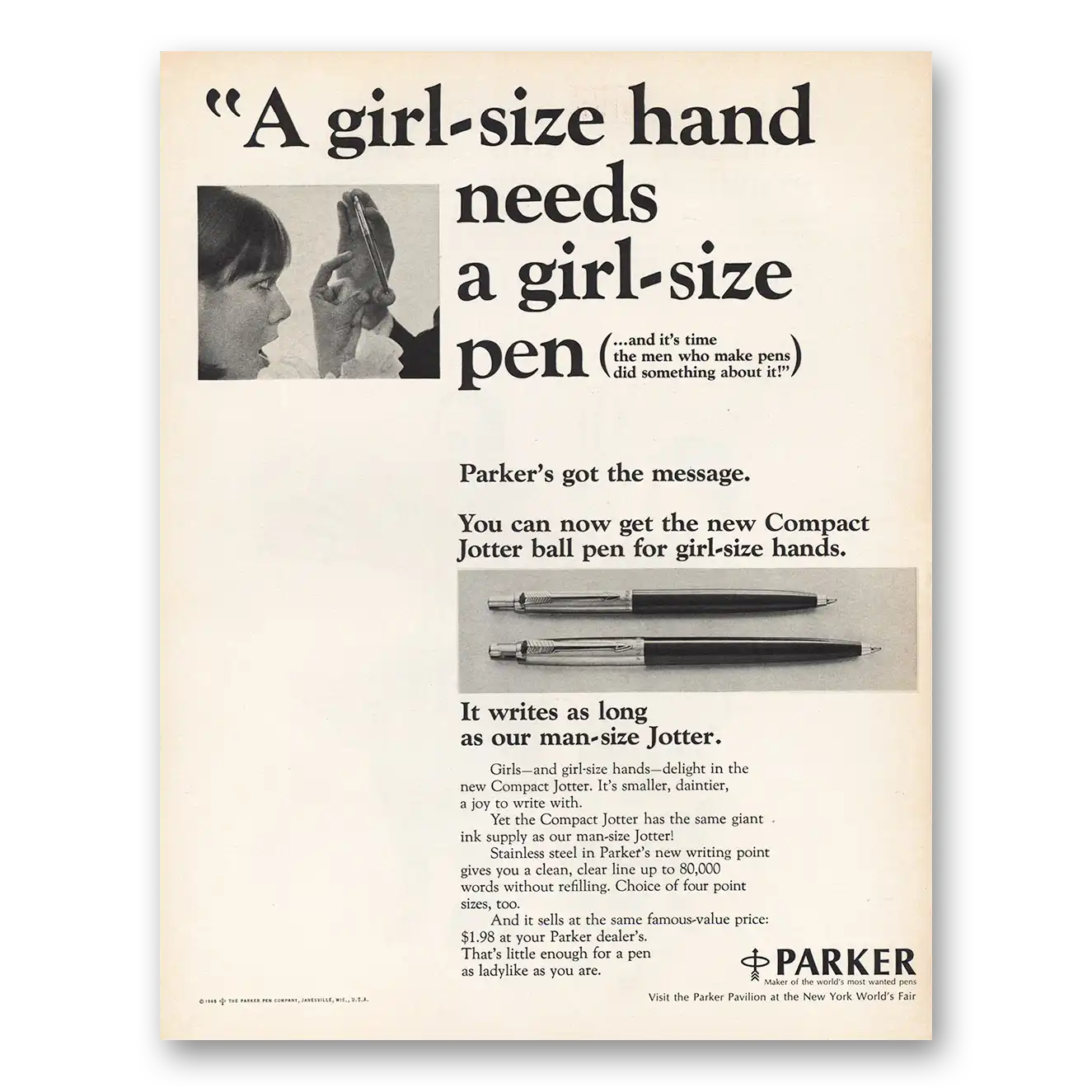 1965 Parker Jotter Pen Girl Size Hand Needs a Girl Size Pen Vintage Magazine Print Ad