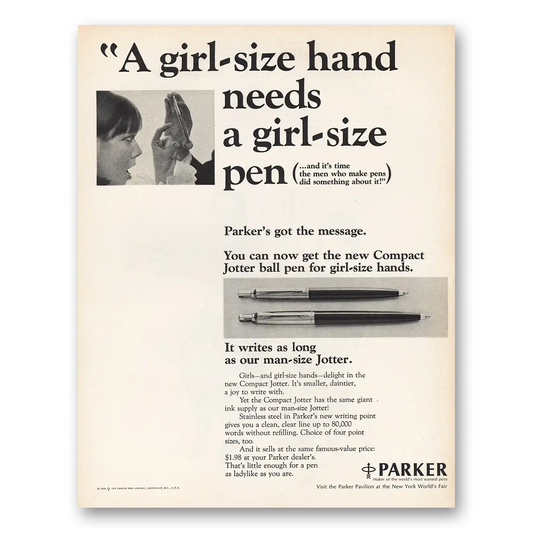 1965 Parker Jotter Pen Girl Size Hand Needs a Girl Size Pen Vintage Magazine Print Ad