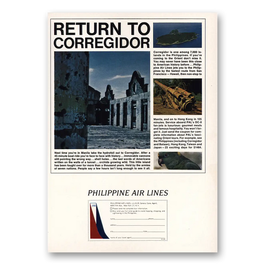 1965 Philippine Airlines Return to Corregidor Vintage Magazine Print Ad