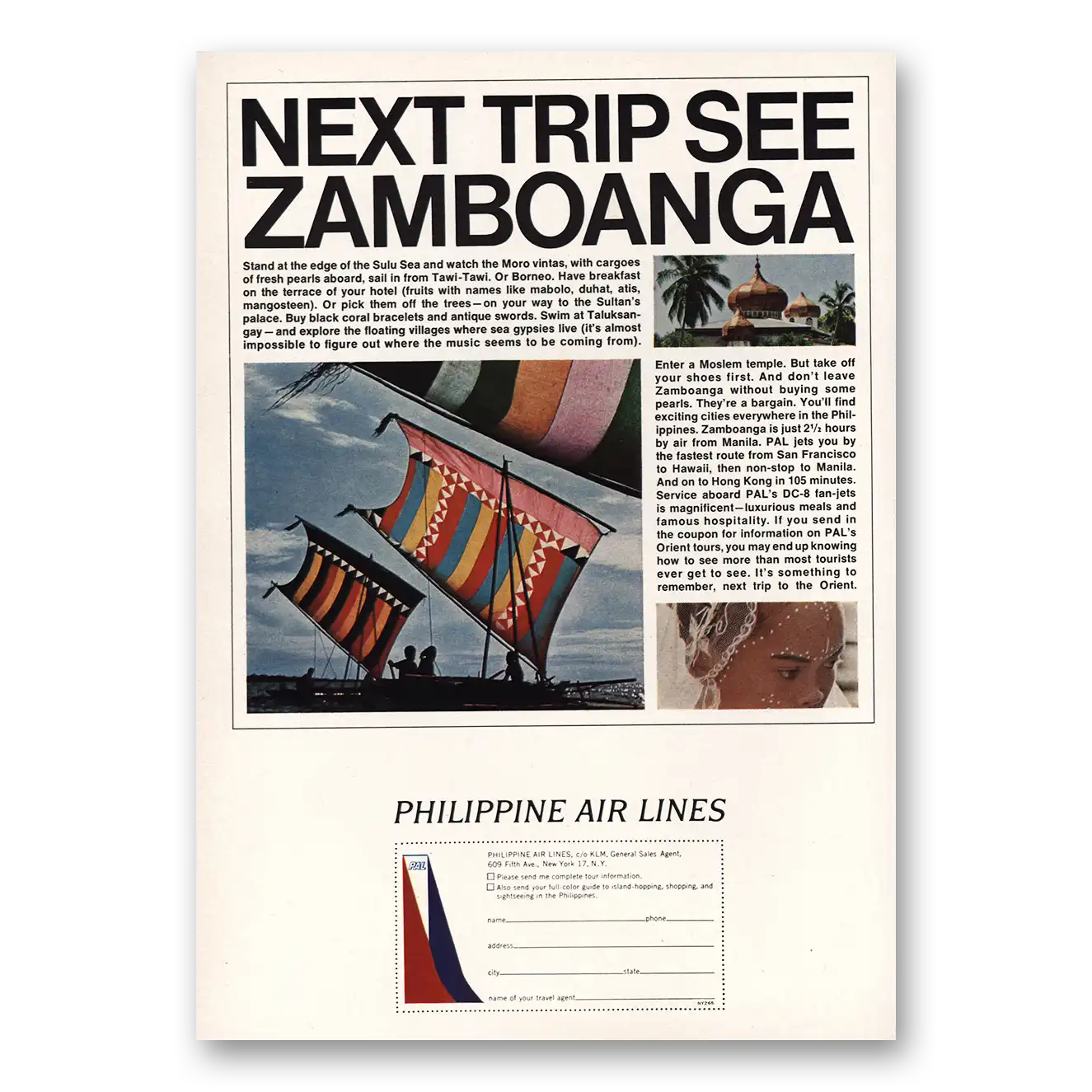 1965 Philippine Airlines Next Trip See Zamboanga Vintage Magazine Print Ad