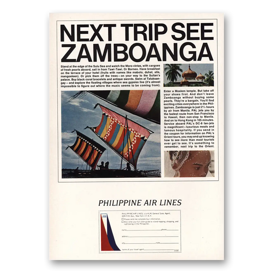 1965 Philippine Airlines Next Trip See Zamboanga Vintage Magazine Print Ad