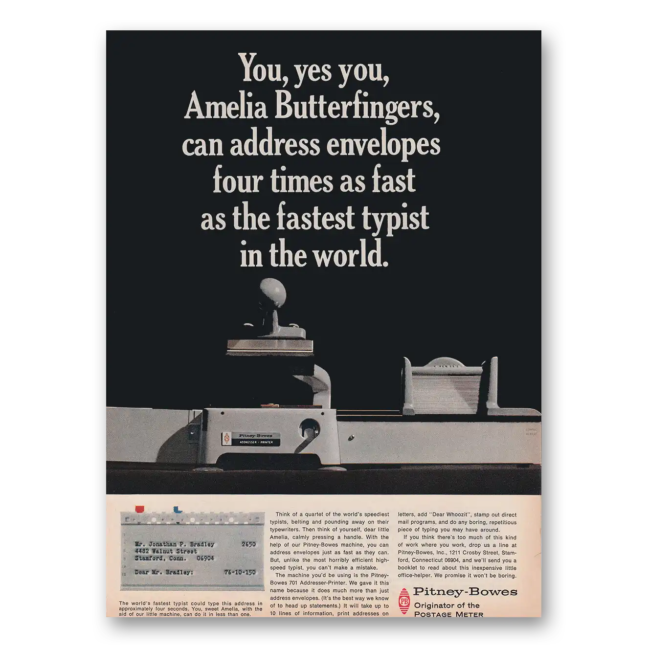 1965 Pitney Bowes Postage Meter Amelia Butterfingers Can Address Envelopes Vintage Magazine Print Ad