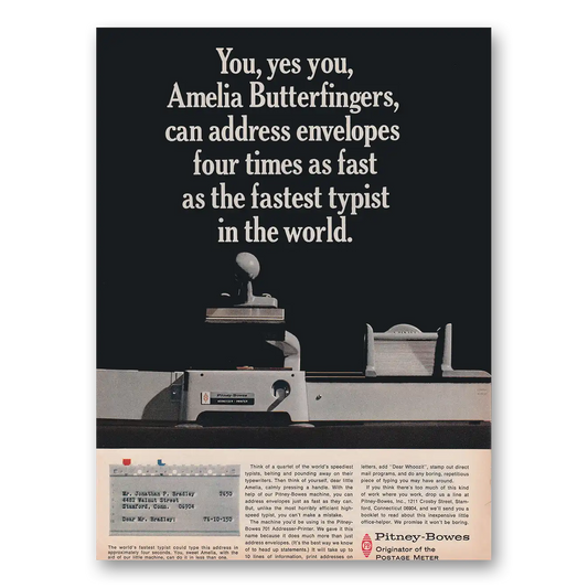 1965 Pitney Bowes Postage Meter Amelia Butterfingers Can Address Envelopes Vintage Magazine Print Ad