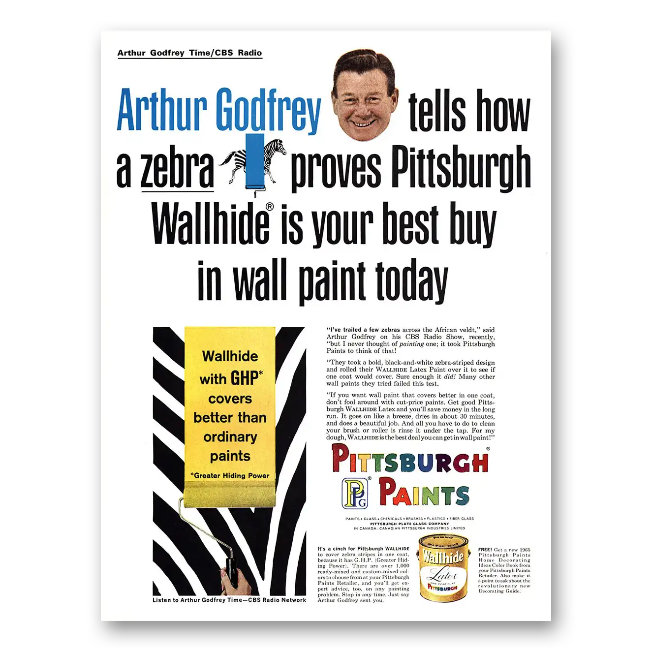 1965 Pittsburgh Paints Arthur Godfrey Tells How a Zebra Proves Vintage Magazine Print Ad