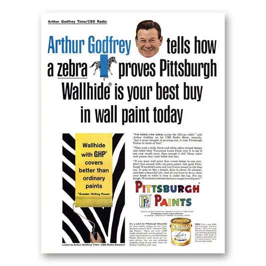 1965 Pittsburgh Paints Arthur Godfrey Tells How a Zebra Proves Vintage Magazine Print Ad