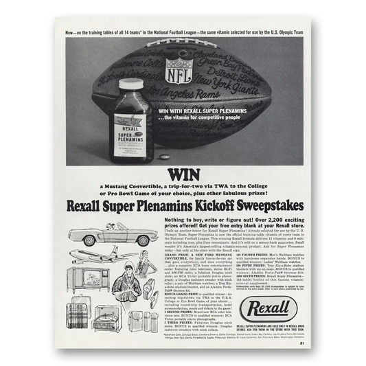 1965 Rexall Drug Stores Super Plenamins Kickoff Sweepstakes Vintage Magazine Print Ad