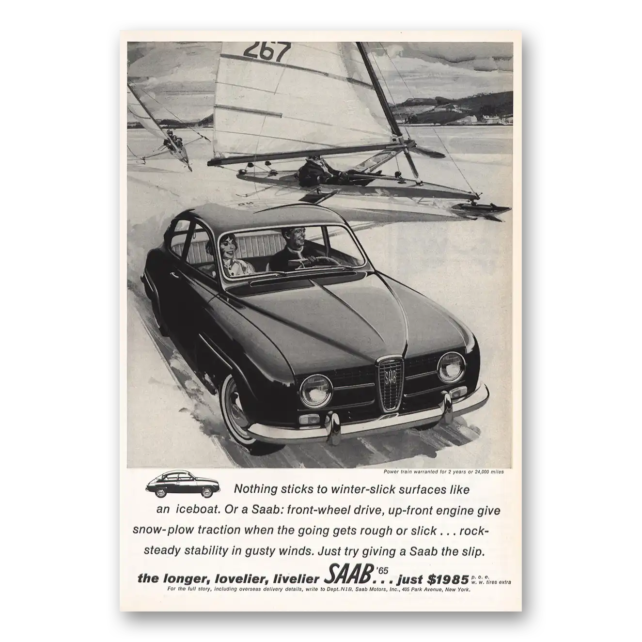 1965 Saab Nothing Sticks Winter Slick Surfaces Like Iceboat Vintage Magazine Print Ad