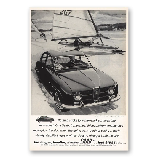 1965 Saab Nothing Sticks Winter Slick Surfaces Like Iceboat Vintage Magazine Print Ad