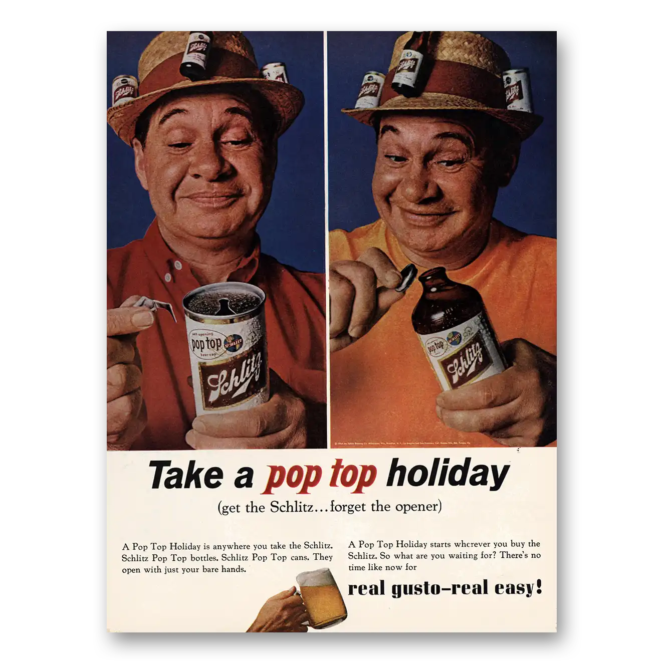 1964 Schlitz Beer Pop Top Holiday Vintage Magazine Print Ad