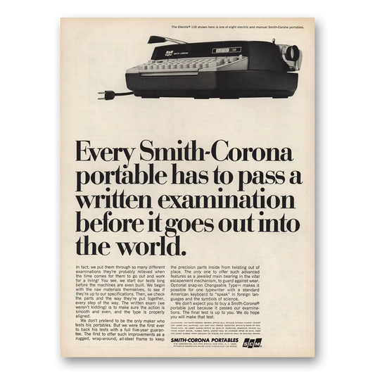 1965 Smith Corona Typewriters Pass Written Examination Vintage Magazine Print Ad