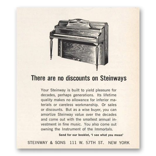 1965 Steinway Piano There Are No Discounts Vintage Magazine Print Ad