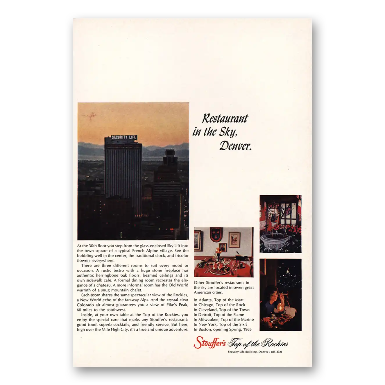 1965 Stouffers Restaurant In the Sky Denver Vintage Magazine Print Ad