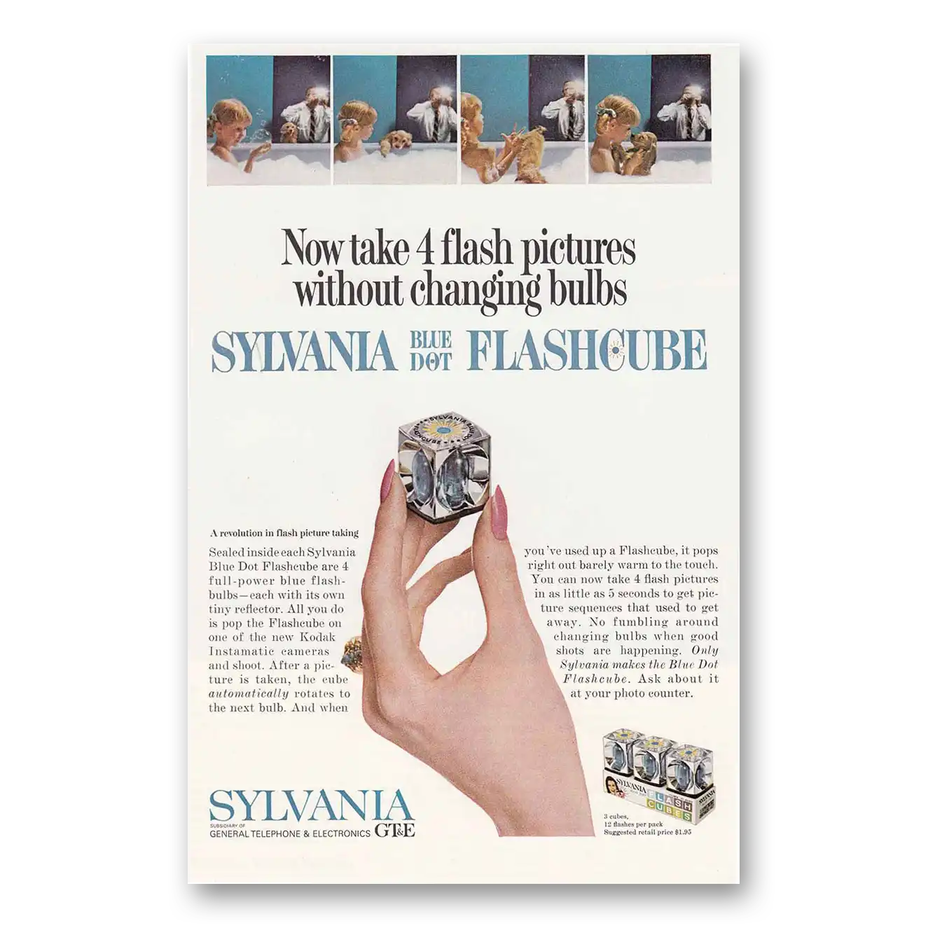 1965 Sylvania Blue Dot Flashcube Take 4 Flash Pictures Without Changing Bulbs Vintage Magazine Print Ad