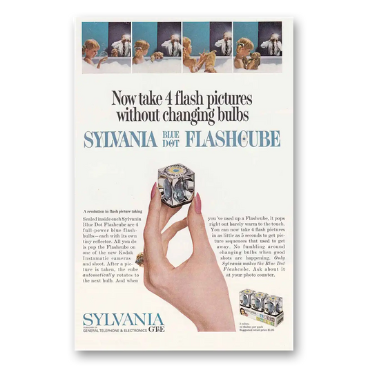 1965 Sylvania Blue Dot Flashcube Take 4 Flash Pictures Without Changing Bulbs Vintage Magazine Print Ad