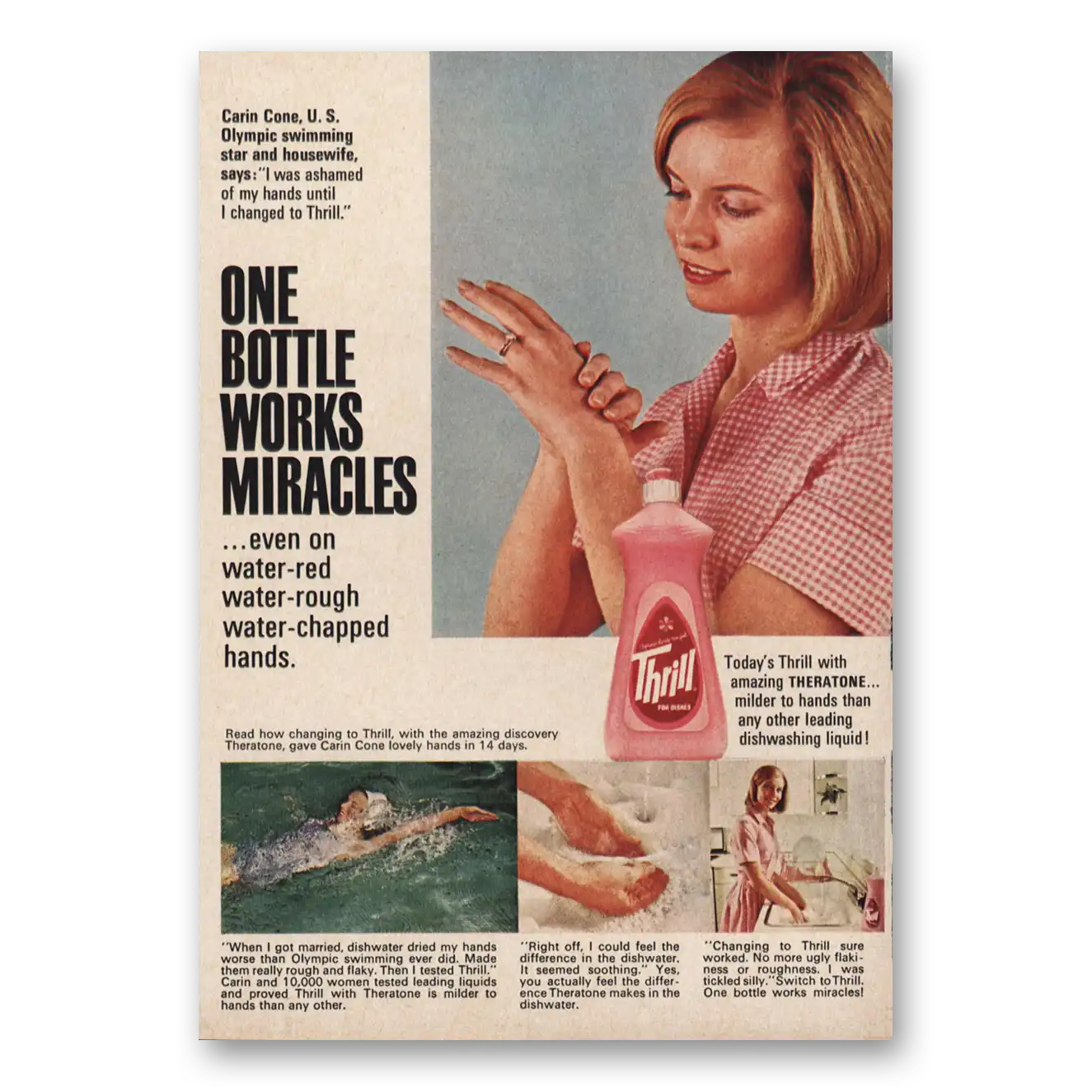 1965 Thrill Dishwashing Liquid One Bottle Works Miracles Vintage Magazine Print Ad