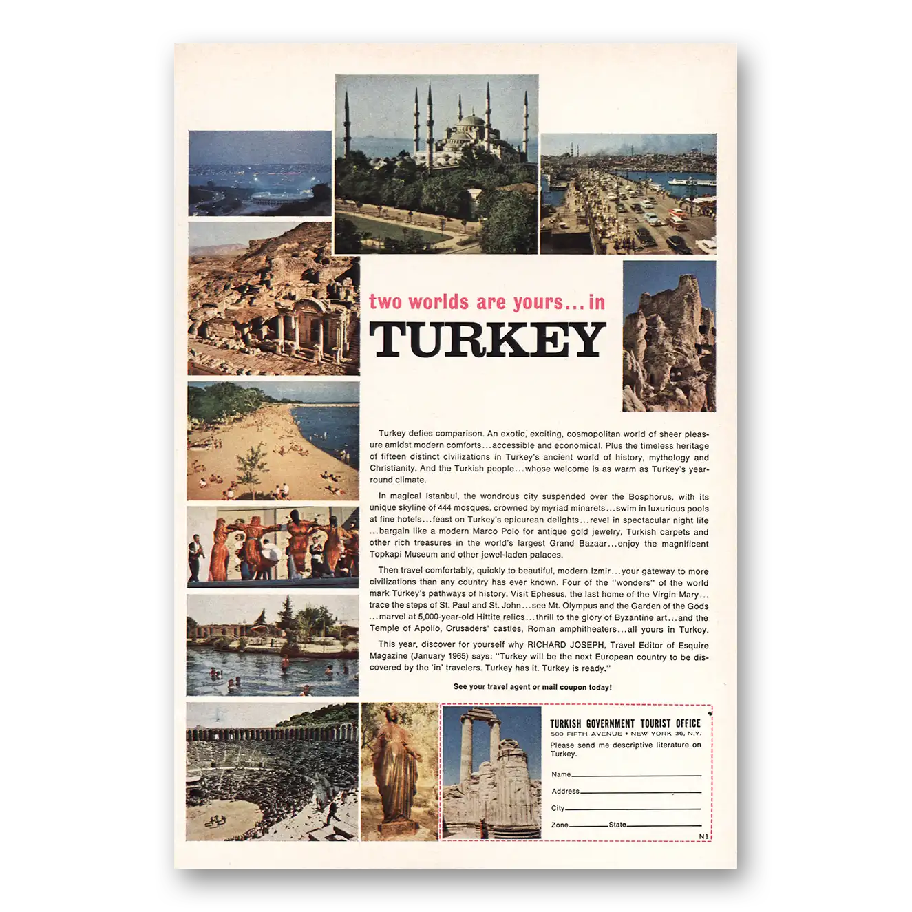 1965 Turkey Two Worlds Are Yours Vintage Magazine Print Ad