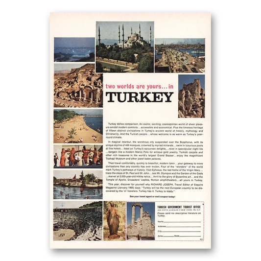 1965 Turkey Two Worlds Are Yours Vintage Magazine Print Ad