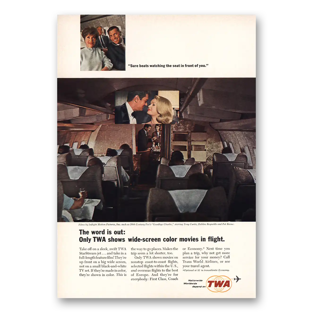 1965 TWA Wide Screen Color Movies In Flight Vintage Magazine Print Ad