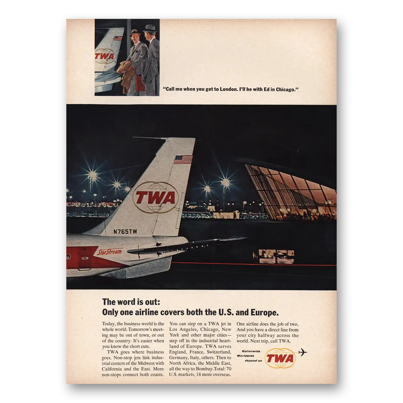 1965 TWA Airlines Call Me When You Get to London Vintage Magazine Print Ad