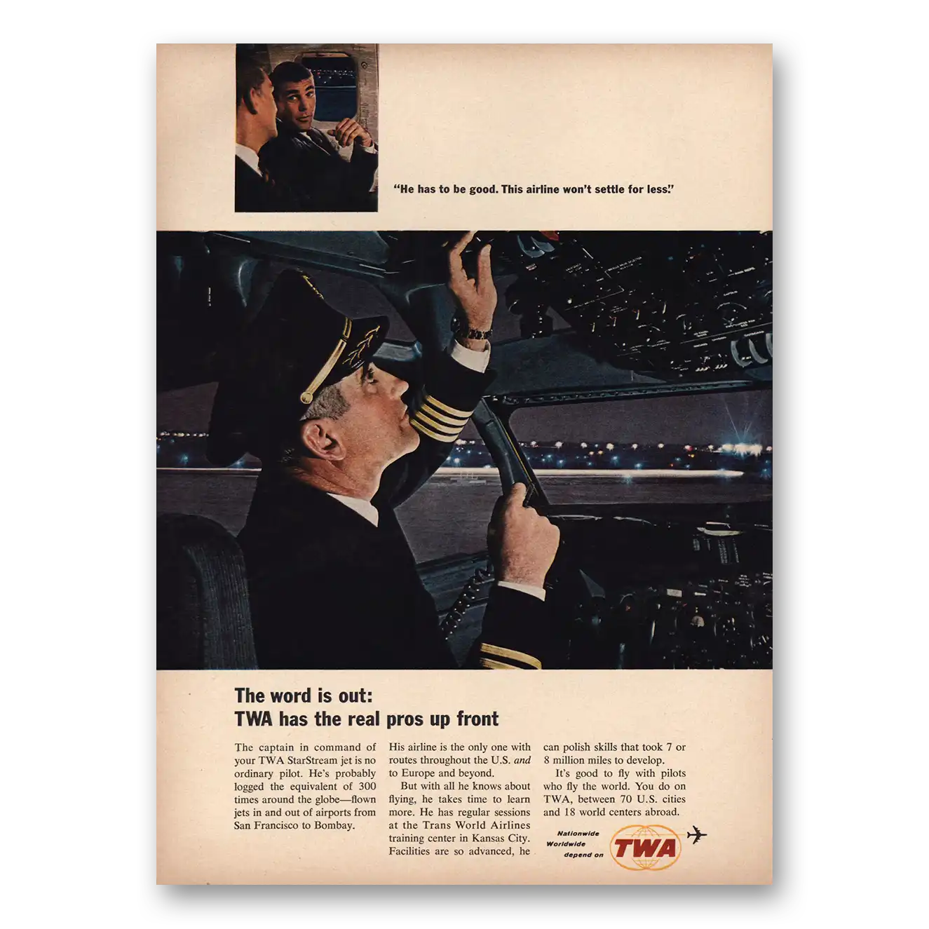 1965 TWA Airlines He Has to Be Good Airline Wont Settle for Less Vintage Magazine Print Ad