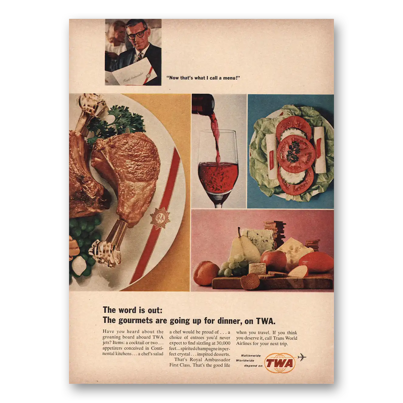 1965 TWA Airlines Gourmets Are Going Up for Dinner Vintage Magazine Print Ad