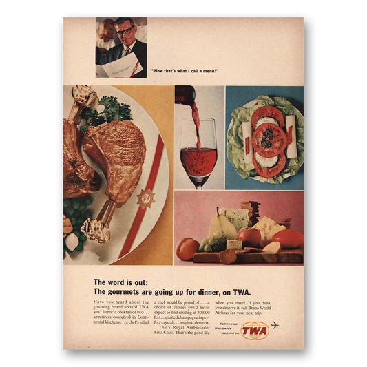 1965 TWA Airlines Gourmets Are Going Up for Dinner Vintage Magazine Print Ad