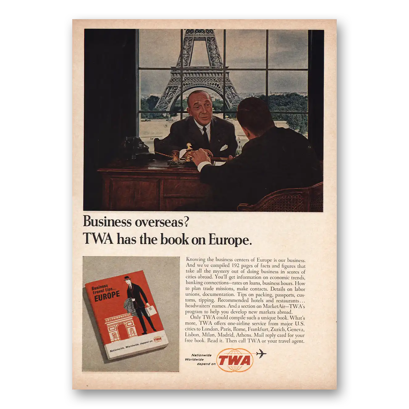 1965 TWA Airlines Business Overseas TWA Has Book Europe Vintage Magazine Print Ad