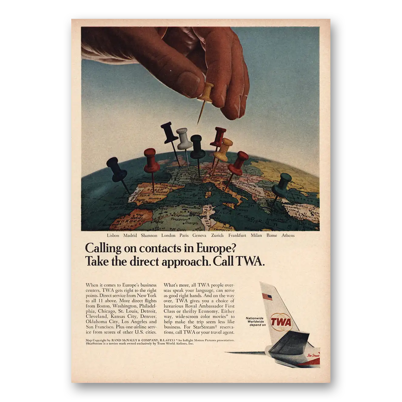 1965 TWA Airlines Calling On Contacts In Europe Vintage Magazine Print Ad