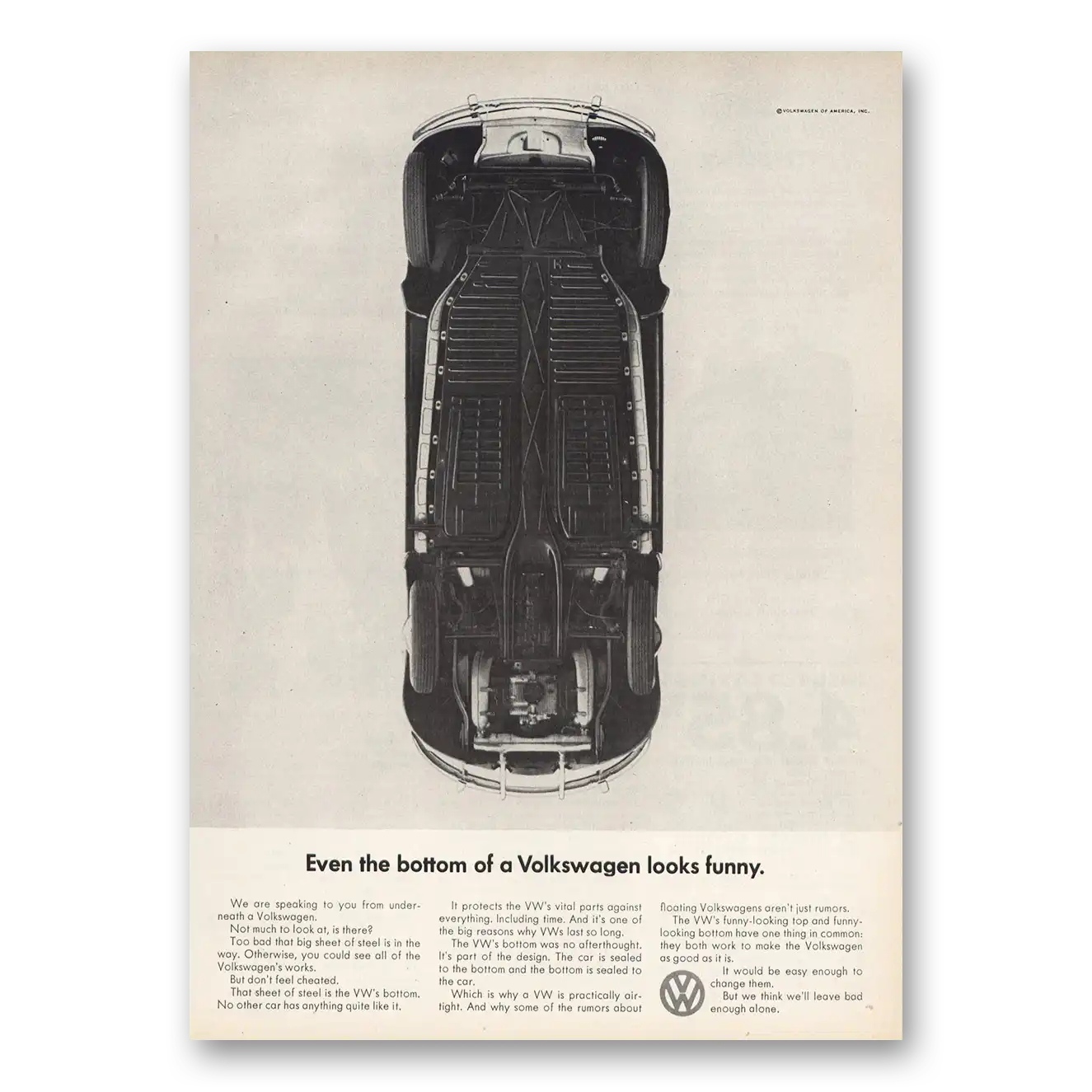 1965 Volkswagen Beetle Even the Bottom Looks Funny Vintage Magazine Print Ad