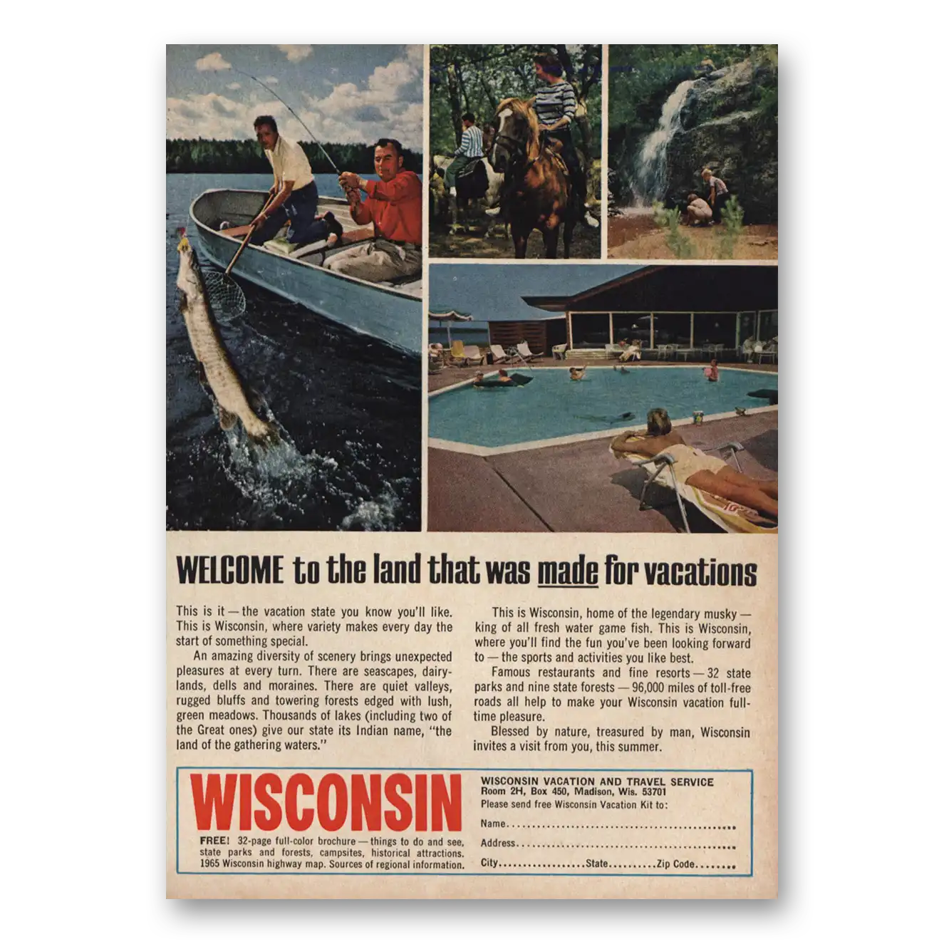 1965 Wisconsin Land Made for Vacations Vintage Magazine Print Ad